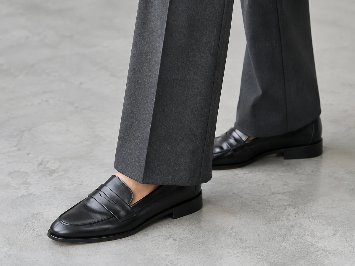 Bajos de pantalón gris con raya planchada sobre mocasines negros de piel