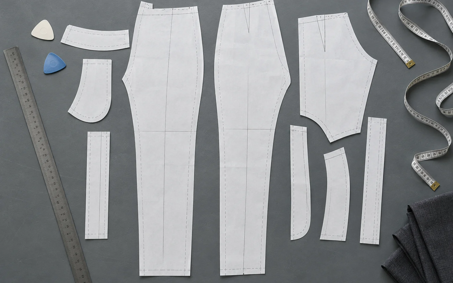 Patrones de papel de pantalón de mujer sobre mesa de corte gris con tiza y regla