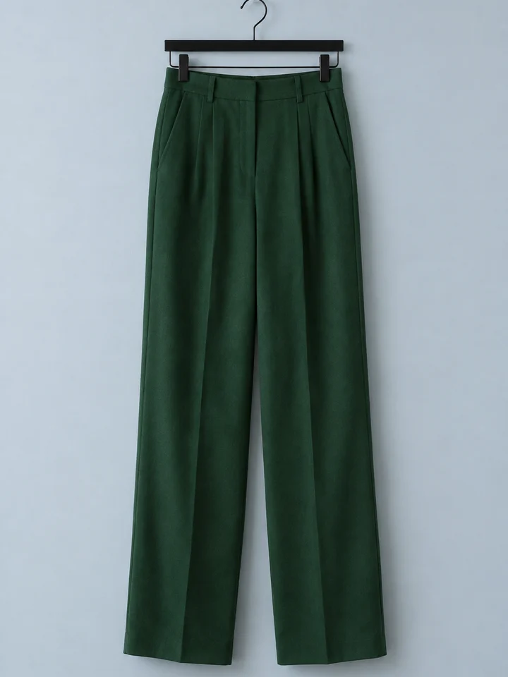 Pantalón de pinza Lezkairu, color verde botella, colgado en percha